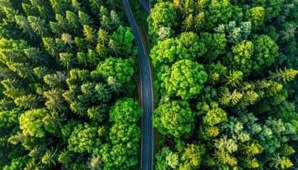 Aerial shot shows a winding grey road cutting through a dense, lush forest of green trees, creating a strong contrast between nature and pathway