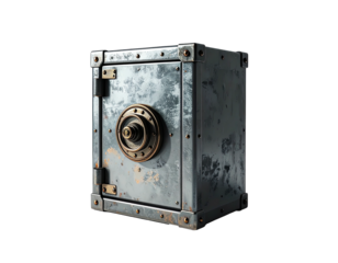 Weathered steel safe, slightly ajar, showing aged bronze locking mechanism and worn metallic surface