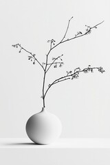 A minimalist black and white photograph featuring a delicate branch with small blossoms in a simple, round white vase. The composition emphasizes elegance and simplicity, perfect for modern decor.