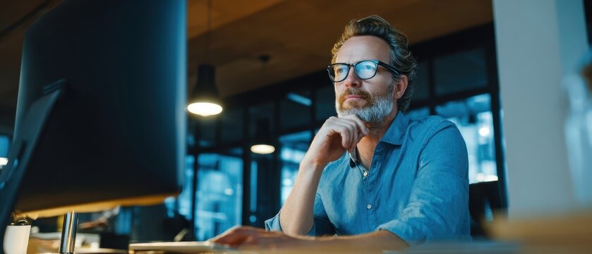 The thoughtful man contemplating ideas in a modern office space.