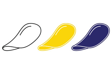 Vector art of three potato chip icons the first chip is a black outline, the second is yellow, and the third is blue, representing different flavors or styles