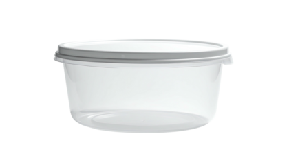 A clear, round plastic food container with a slightly domed, opaque white lid.  It's short and wide, ideal for snacks or leftovers