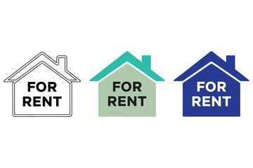 Vector art of three house icons with the words for rent the first house is a black outline, the second is green, and the third is blue, all indicating rental availability