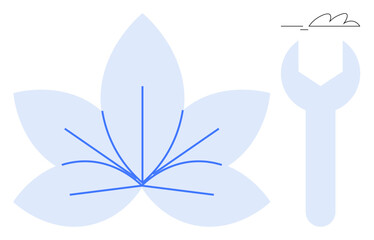 Stylized wrench beside a lotus-thumbs up leaf with radial lines extending outward. Ideal for sustainability, repair, eco-innovation, tools, environmental care, growth, and balance. A simple flat