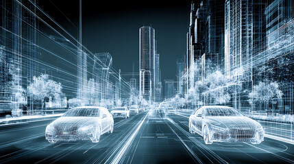 Futuristic cityscape with wireframe cars and digital buildings in a high-tech urban environment