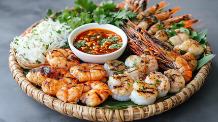 Fototapeta premium Grilled seafood platter with shrimp, fish, and chili dips on woven mat evokes delightful feast