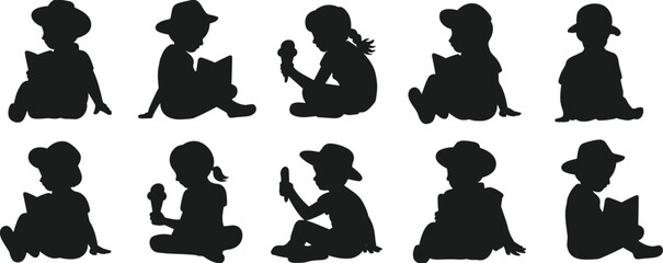Children silhouettes, kids reading books, eating ice cream, childhood activities, playful moments, education concept, leisure time, family lifestyle, vector design, collection