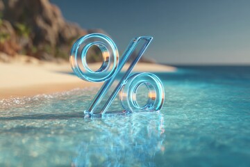 Transparent per cent sign on sandy beach with water splashes. summer discount, beach sale, holiday promotion.