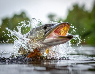 Northern Pike leaping from water with mouth open.