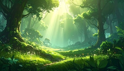 Sunlit forest path, lush greenery