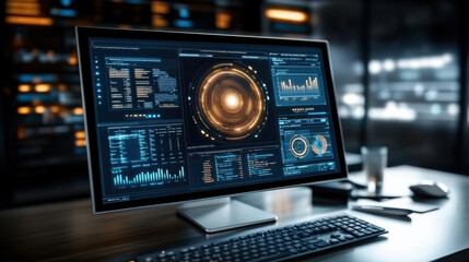 High tech dashboard displaying data analytics, visualizations, and metrics on computer screen
