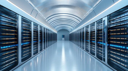 Fototapeta premium High tech server room with rows of servers and bright lighting creating futuristic atmosphere