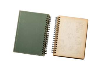 Two spiral-bound journals, one closed green canvas and one open with aged pages and faint sketches, on a transparent background with copy space, top-down view. Concept of introspection and creativity