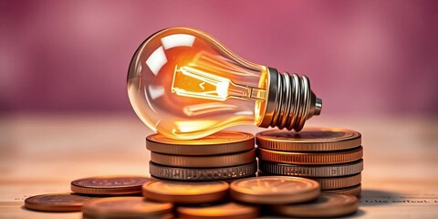 Glowing light bulb rests atop a stack of coins, idea, concept