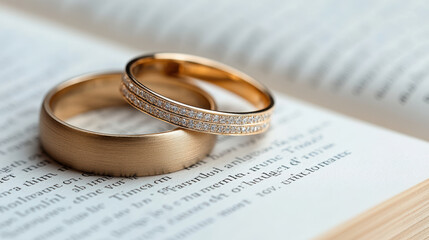 Elegant wedding bands resting on open book pages, symbolizing love and commitment