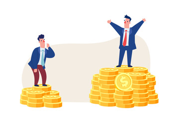 successful businessman standing on larger stack of coins compared to competitor