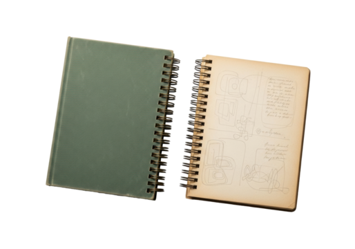 Two spiral-bound journals, one closed green canvas and one open with aged pages and faint sketches, on a transparent background with copy space, top-down view. Concept of introspection and creativity
