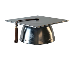 A metallic, square academic cap with a dark brown tassel, slightly worn, sits angled on a dark background