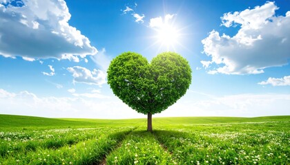 Heart-shaped green tree stands in a field under a vibrant blue sky with fluffy clouds and a shining sun