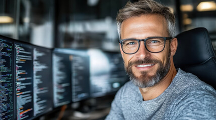 Skilled male engineer smiling while working on computer systems in modern office environment