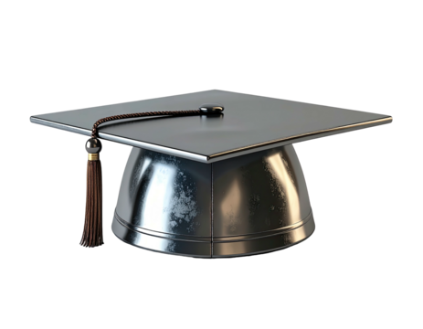 A metallic, square academic cap with a dark brown tassel, slightly worn, sits angled on a dark background