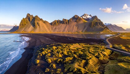 Aerial view of a jagged mountain range near the ocean, with a black sand beach and lush green dunes under a clear blue sky at sunset
