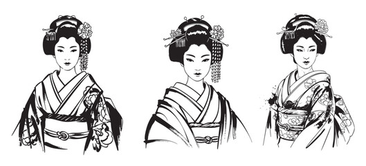 woman geisha set engraving vector style