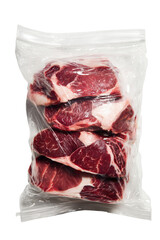 Obraz premium Raw beef steaks sealed in plastic bag isolated on a transparent background meat