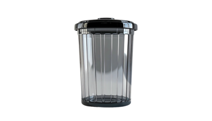 Transparent cylindrical container with a slightly darkened, ridged body and a metallic-looking lid, standing on a black background