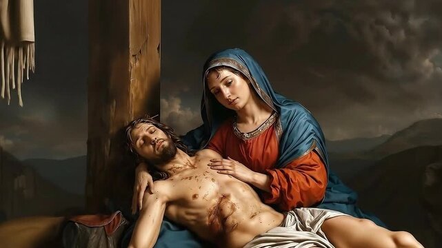 Blessed Virgin Mary cradling the dead body of Jesus Christ after his descent from the cross. Religious theme concept.