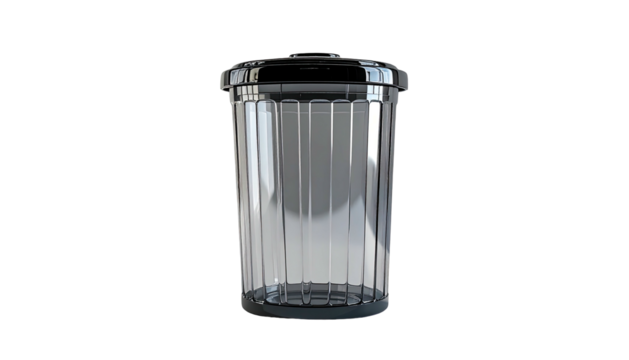Transparent cylindrical container with a slightly darkened, ridged body and a metallic-looking lid, standing on a black background