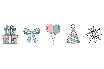 Vector art of collection of party icons gifts, bow, balloons, party hat, and fireworks, all in pastel colors with a handdrawn style