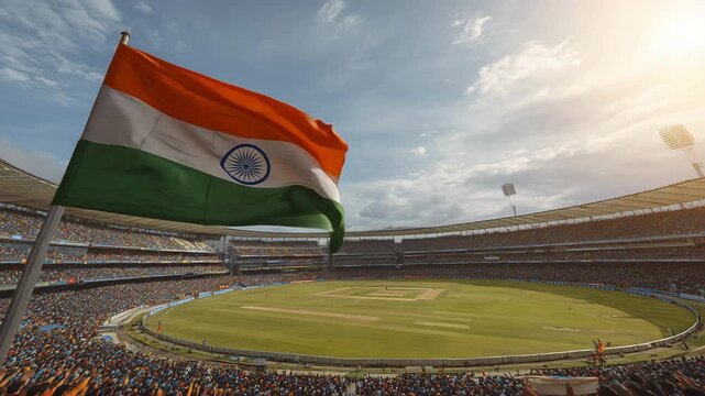 Vibrant aerial view of a packed cricket stadium with the Indian flag waving proudly, showcasing the excitement of the crowd during a sunny afternoon.
