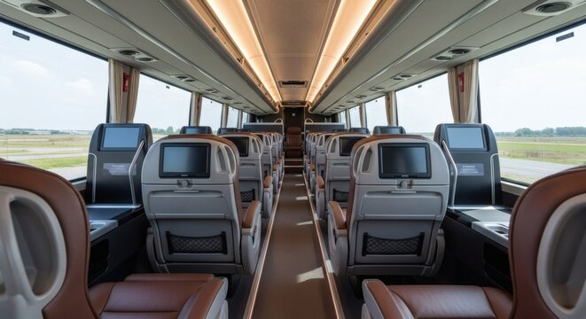 The luxurious interior of a modern coach bus, showcasing rows of comfortable seating with individual entertainment screens and ample legroom, ready for passenger travel.