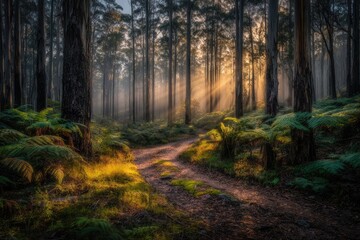 Naklejka premium Sunbeams pierce a misty forest path
