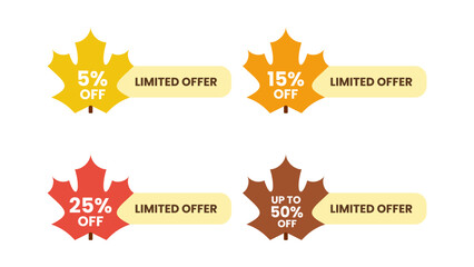 Autumn Maple Leaves Discount Sticker Pack - Editable Vector : Suitable for Use in Apps, Digital Content, and Printed Materials Related to Seasonal, Label and Stickers, Marketing and Advertising Themes