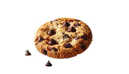 A single, round, golden-brown chocolate chip cookie with several visible chocolate chips sits on a black background, with two additional chocolate chips scattered nearby