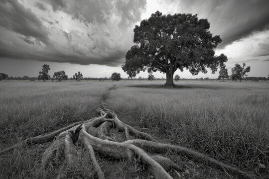 Vast field, stormy sky, gnarled roots, lone tree
