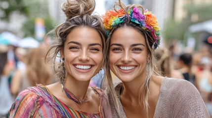 Fototapeta premium Joyful couple smiling together at vibrant festival, showcasing colorful attire and accessories
