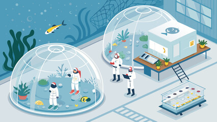Isometric Illustration of Underwater Research Station with Scientists and Fish © ALI