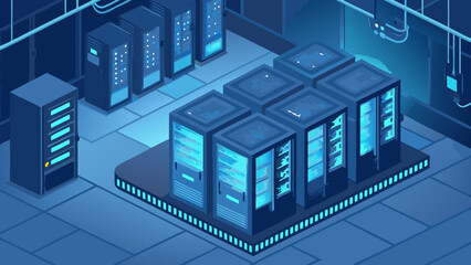 Isometric View of a Data Center with Server Racks and Blue Lighting