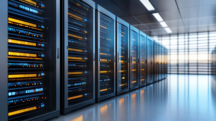 High tech server room with modern rack servers, glowing lights, and sleek design