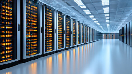 High tech server room with modern rack servers glowing brightly, showcasing advanced technology