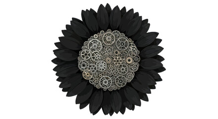 Steampunk floral creation: intricate gears composing a sunflower with dark elegant petals