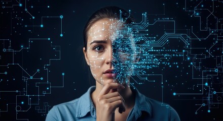Young Woman with Digital Circuit Face Half Overlay Concept