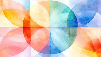 Colorful abstract watercolor design featuring overlapping shapes in vibrant hues, creating harmonious and dynamic composition
