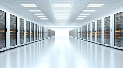 High tech data center with rows of servers and bright lighting creating futuristic atmosphere