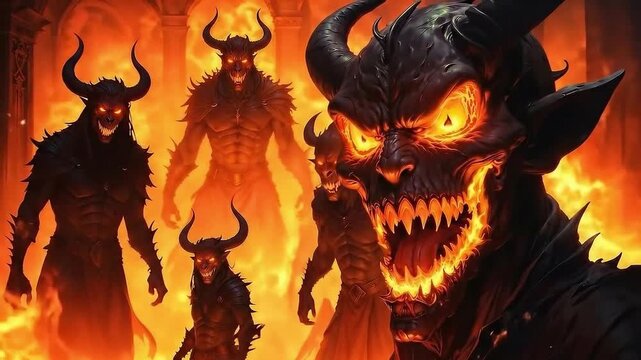 Devils and demons in hell.  Satan, Lucifer, Beelzebub, Asmodeus, Iblis. Biblical theme concept.