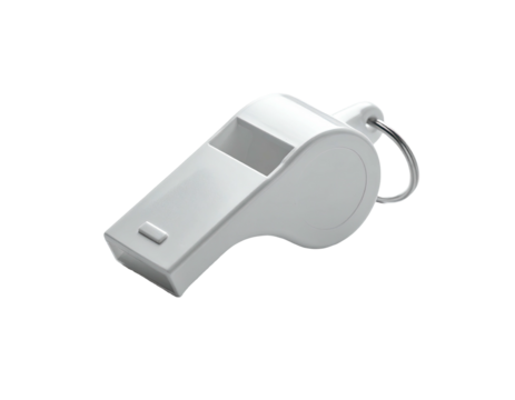A simple, white plastic whistle with a pearlescent sheen,  a small ring attached, and a slightly textured surface