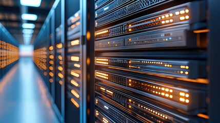 High tech server room with blinking LEDs, showcasing advanced technology and data processing